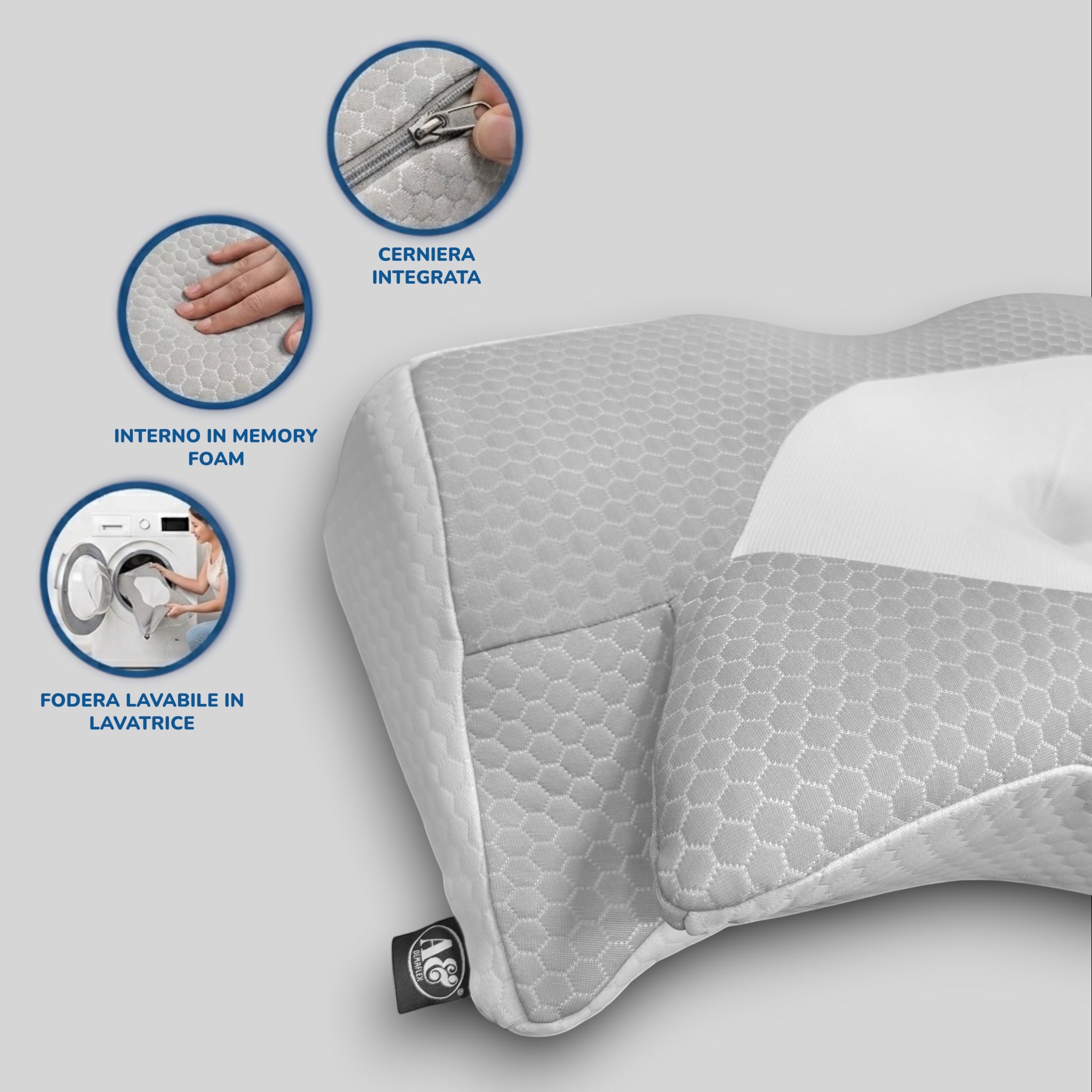 Cuscino ergonomico PM relax Memory Abbraccio a farfalla in memory foam grigio con fodera sfoderabile e lavabile