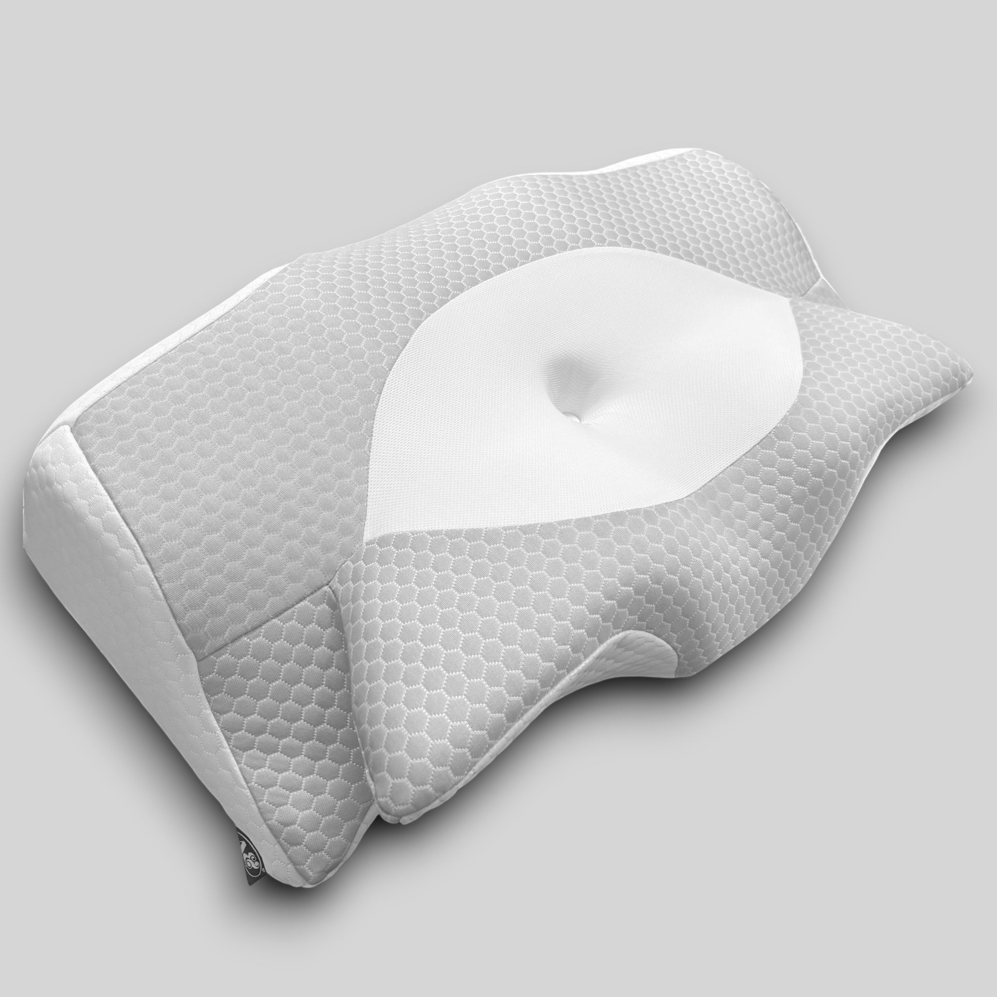 Cuscino ergonomico PM relax Memory Abbraccio in memory foam grigio e bianco con forma a farfalla e fodera sfoderabile